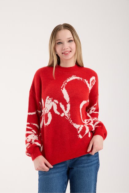 Cartoon Themed Oversized Women's Red Knitwear Sweater