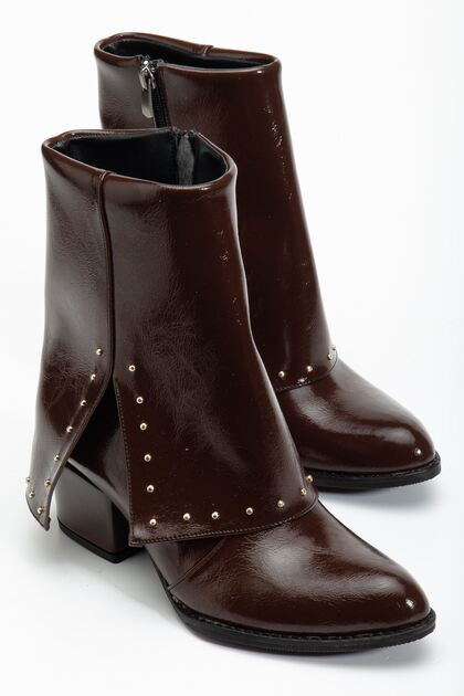 Women's Pointed Toe Brown Shiny Detailed Heeled Boots