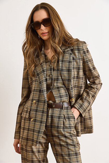 Women's Camel Lined Pocket Plaid Blazer Jacket Ckt-19000497