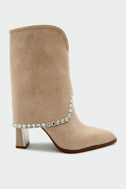 Samira Beige Suede Women's Stone Detailed Heeled Boots