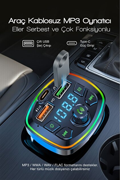 Kensa Bluetooth Araç Çakmaklık FM Transmitter | 48W PD Hızlı Şarj