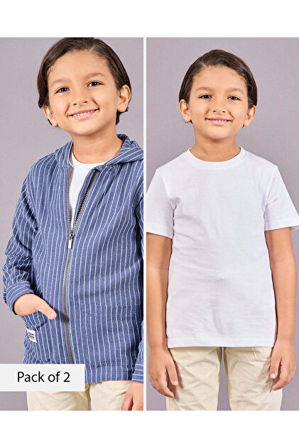 Boys Navy Striped Hooded Shirt With White T-Shirt Set (2 Piece)