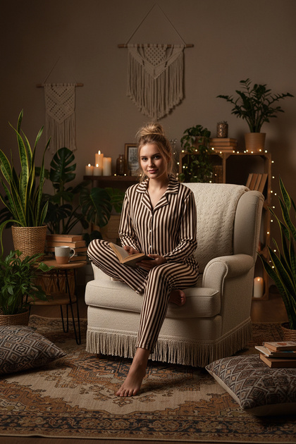 Women's Black Striped Patterned Milan Knitted Lisbon Buttoned Pajama Set