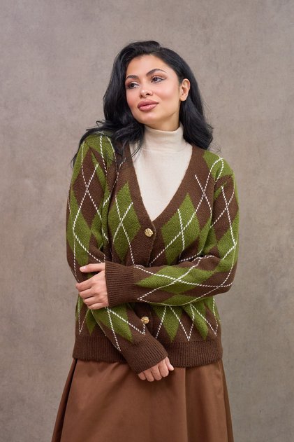 Khaki Baklava Patterned Knit Cardigan