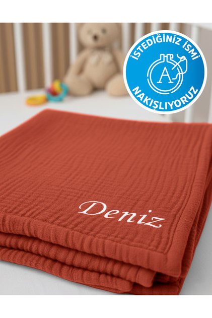 (İstediğiniz ismi yazıyoruz) %100 Pamuk 4 Kat Muslin 100x120 Cm Bebek Yatak/kundak Örtüsü Nakışlı