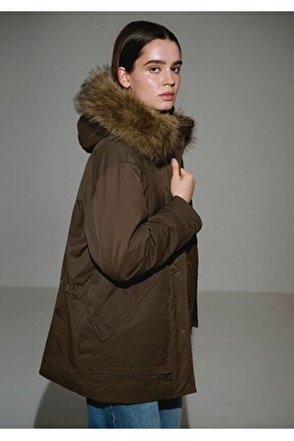 Mavi Kapüşonlu Kapitone Yeşil Parka Oversize / Geniş Kesim 1110132