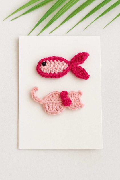 Cat & Fish Figure Cotton Antiallergic Low Hair Baby Buckle Organic Set of 2 Handmade Baby Gift