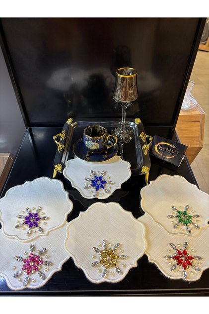 Colorful Stone Design 6-Piece Coffee Presentation Napkins, Stone Cocktail Napkins, Presentation Holder, Pearl Napkin