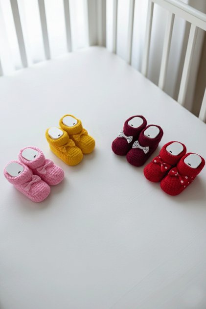 4 Pairs of Hand-Knitted Booties with Bows | | 0-1 Year Old Booties