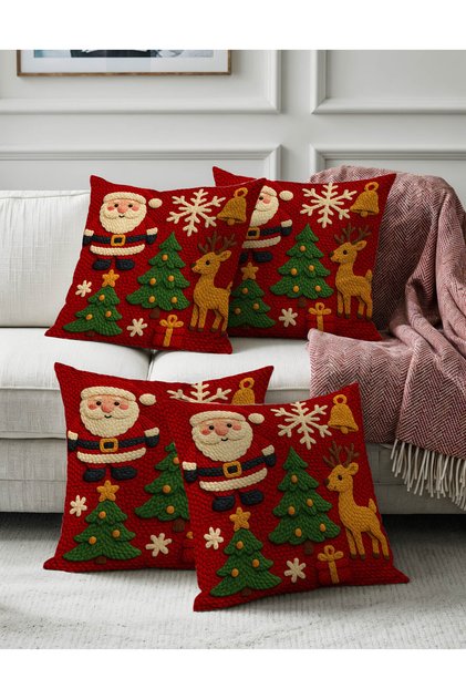Christmas Themed Punch Embroidery Look Santa Claus and Pine Tree Patterned Throw Pillow Cover Set of 4
