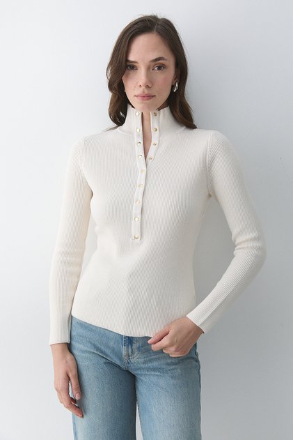 Cream Snap Fastener High Neck Sweater - 251037
