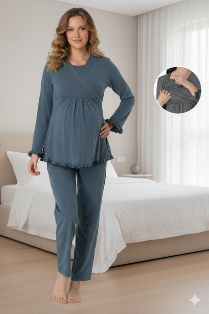 Women's Anthracite Long Sleeve Double-Breasted Collar Special Design Maternity Pajama Set