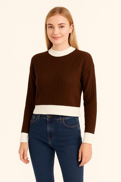 Women's Crew Neck Ribbed and Striped Detail Crop Knitwear Short Sweater