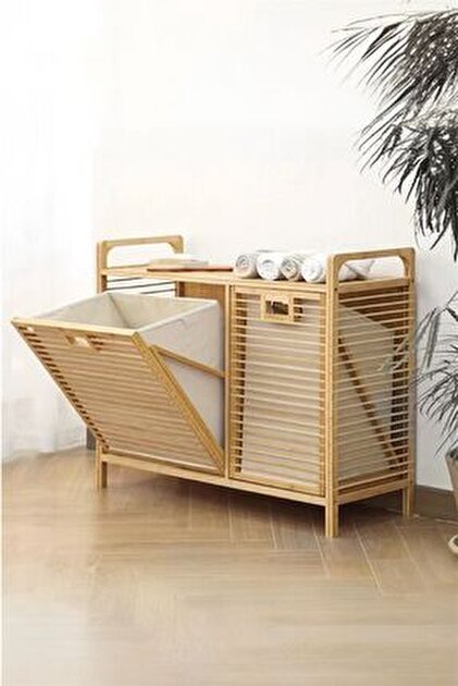 Lessio Home Teka Rattan Bambu Banyo Rafı ve Kirli Çamaşır Sepeti