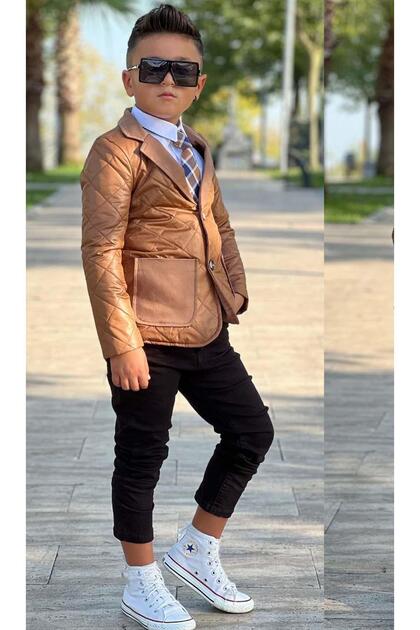 Boys' Classic Shirt with Tie Quilted Tan Coat Slim Pants Cut Pants Bottom Top Set