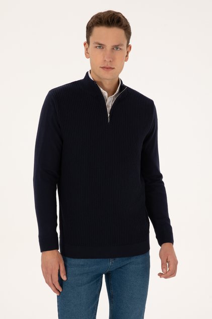 Men's Slim Fit Half Zipper Navy Blue Sweater 50307830-Vr033