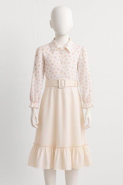 Blue 675-11-25 Floral Pattern Waist Belted Ruffled Girls' Dress 9/12 Years Old