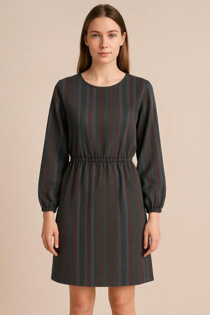 Striped Long Sleeve Rubber Waist Mini Dress – Casual Comfortable Cut –