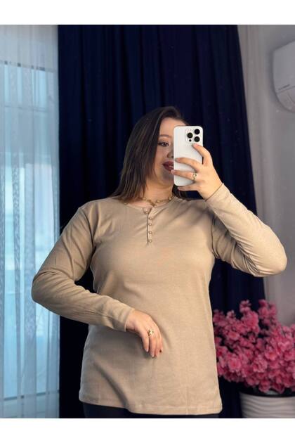 yeni - Yns - Kadın Pamuklu Ribana %100 T-shırt Bluz Uzun Kollu