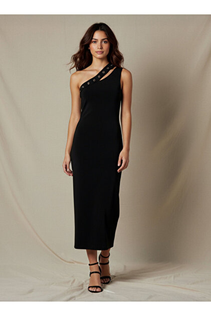 One Shoulder Midi Bodycon Dress with Rivet Detail
