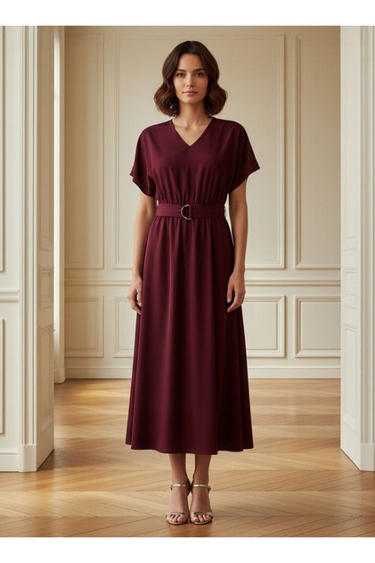 Belted Midi Dress with Short Sleeves and V-neck