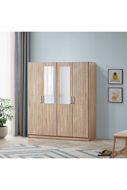Supreme 4-Door Wardrobe with Mirror - French Sonoma Oak - Engineered Wood, 2-Year Warranty