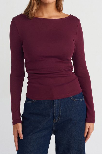 Women's Wide Neckline Long Sleeve Stretchy Cotton Textured Fit Basic Blouse