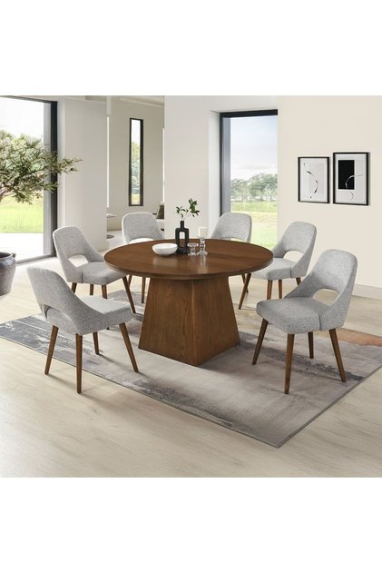 Gemma 1 + 6 Round Wooden Dining Set - Antique Brown/Grey, 6-Seater, Engineered Wood, 2-Year Warranty