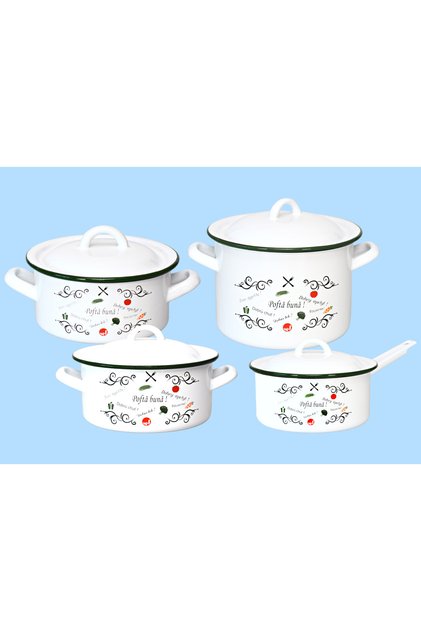 Set 8 piese decor Pofta Buna, oale si cratite emailate cu capac VEF, Alb