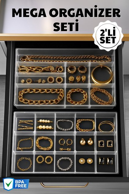 2’li Çok Gözlü Şeffaf Mega Organizer Seti – Takı ve Hobi Düzenleyici