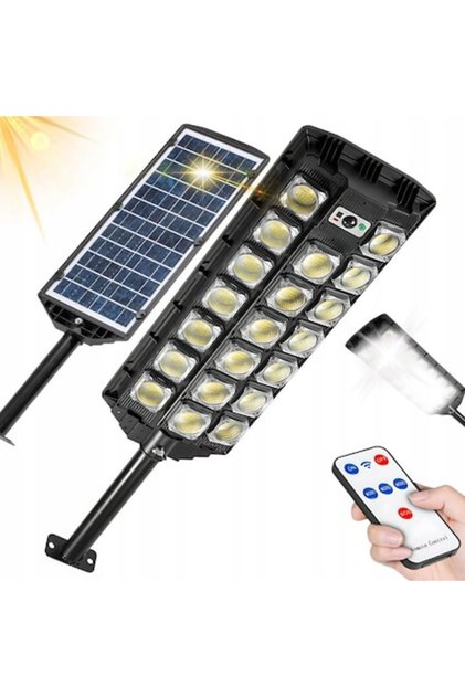 Lampă stradală solară LED 150W cu telecomandă, senzori de mișcare și amurg, IP65, alb rece