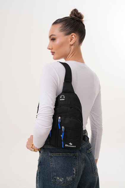Shop Unisex Black Waterproof Shoulder Bag with USB Headphone Outlet Crossbody Chest Bag