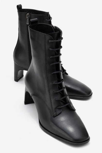 Sudy Black Skin Genuine Leather Lace-Up Women's Block Heeled Boots