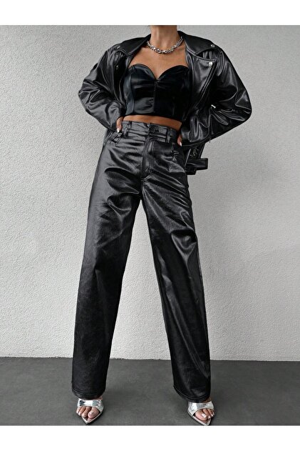 Women's Black Loose-Leg Leather Pants