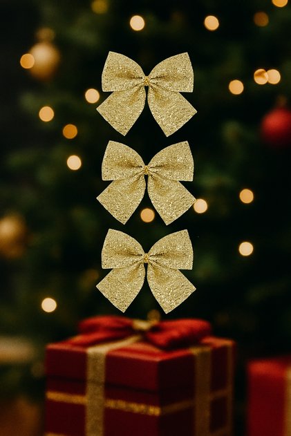 12 cm Gold Sequin Glitter Bow – Set of 3 Christmas Tree and Decoration Ornaments