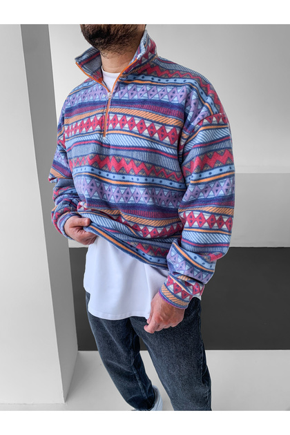 Etnik Desenli Yarım Fermuar Oversize Polar Sweatshirt