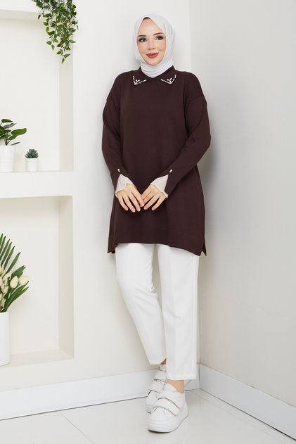 Women's Sleeve Mouth Lace Detailed Mercerized Knitwear Tunic