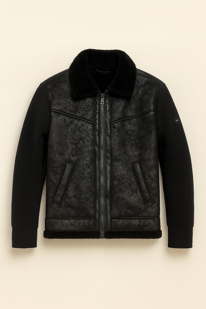 Collar Sleeve Fur Trim Men's Suede Leather Coat --1573--
