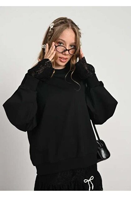 LOCO LOCO Kolları Güpürlü Sweat - Siyah - Fiyatı, Yorumları