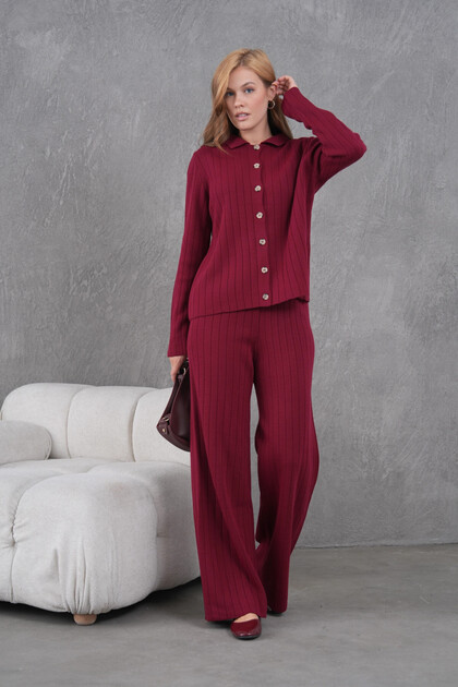 Women's Shirt Collar Button Closure Patterned Jacket Pants Two-Piece Knit Set