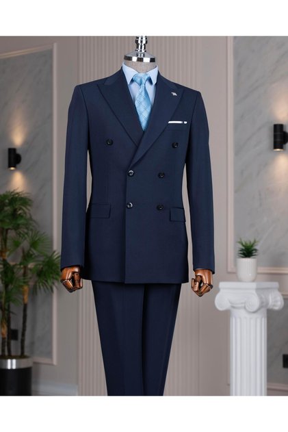 Italian Style S Slim Fit 8 Drop K Double-Breasted Jacket Trousers Suit Navy Blue T14588