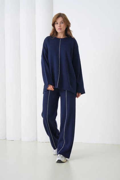 Women's Crew Neck Slit Oversized Sweater Pants Two-Piece Knitwear Set