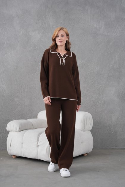 Women's Polo Neck Button Detail Oversized Ribbed Knit Sweater Pants Two-Piece Knitwear Set