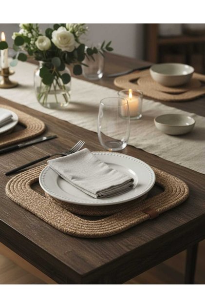 6 Pieces Straw Color Square Model Jute Placemat / American Service