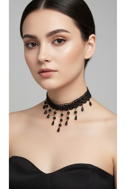 Gotik Siyah Dantel kolye. Vintage Esintili Siyah Dantel.
