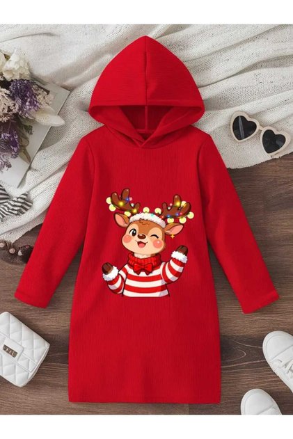 New Year Christmas Printed Hooded Girls' Dress