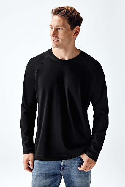 Erkek İnterlok Reglan Uzun Kollu T-Shirt Siyah Renk
