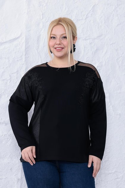 Plus Size Floral Motif Tulle Detailed Blouse