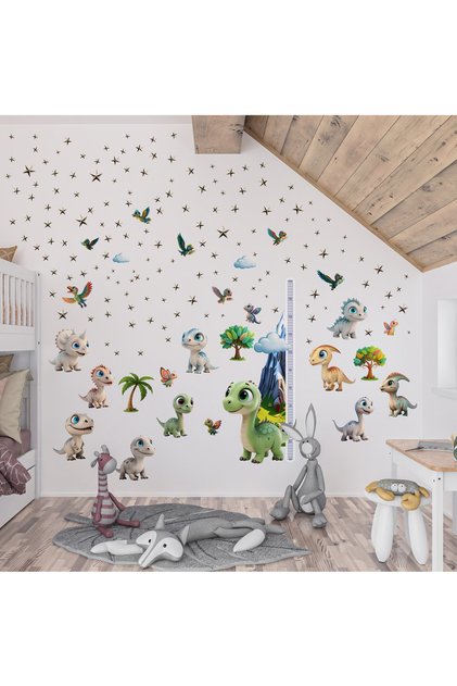 Cute Dinosaurs Themed Height Measuring Wall Sticker Set - Matte, Removable, Kids Room Decor