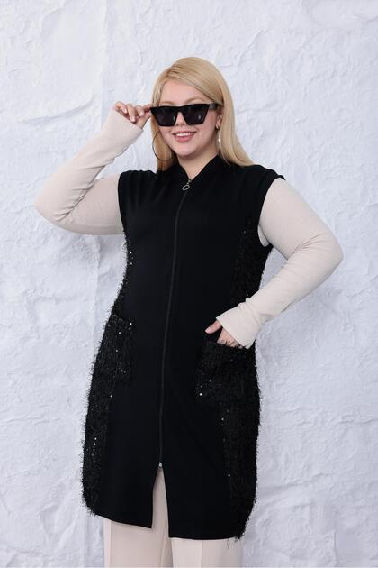 Plus Size Bearded Sequin Embroidered Vest